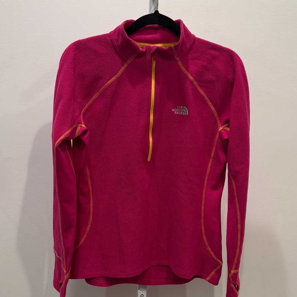 The North Face Fuchsia Yellow Trim Women Size L 3/4 Zipper Fleece Long Sleeve